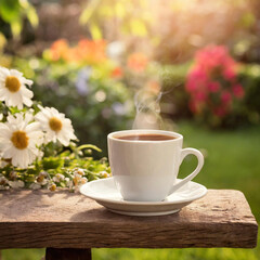 Obraz na płótnie Canvas 날씨 좋은 정원에서 마시는 커피