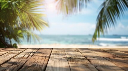 Wooden table top with copy space. Beach background