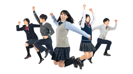 ジャンプする中高生のグループ　手作業で精密に切り抜いた背景透過全身写真PNG（1人ずつのPNG画像も販売しております。作成者リンクから「PNG」で検索してください）