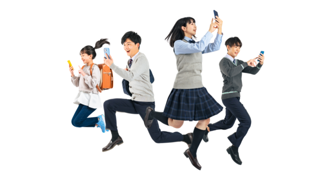 スマホを使いながらジャンプする学生のグループ　手作業で精密に切り抜いた背景透過全身写真PNG（1人ずつのPNG画像も販売しております。作成者リンクから「PNG」で検索してください） - Powered by Adobe