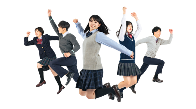 ジャンプする中高生のグループ　手作業で精密に切り抜いた背景透過全身写真PNG（1人ずつのPNG画像も販売しております。作成者リンクから「PNG」で検索してください） - Powered by Adobe