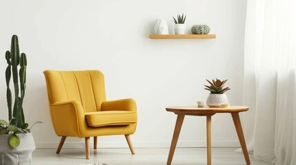 Modern Minimalist Living Room with Yellow Chair & Succulent Plants AI Generated.
