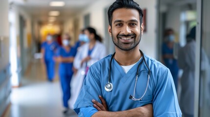 Smiling Middle Eastern man nurse with stethoscope looking at camera. Young doctor smiling while standing in hospital corridor with the health care team in the background. Successful Indian surgeon