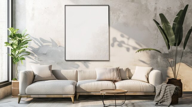 Photo frame mockup, ISO A paper size, living room wall poster mockup. Modern interior design ideas. 3D rendering.