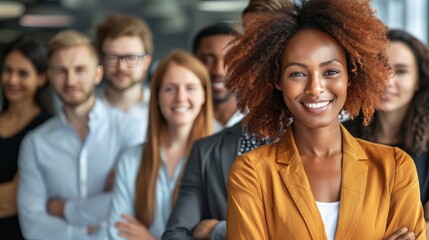 Obraz premium Portrait of successful group of business people at modern office looking at camera. Portrait of happy businessmen and satisfied businesswomen standing as a team. Multiethnic group of people smiling.