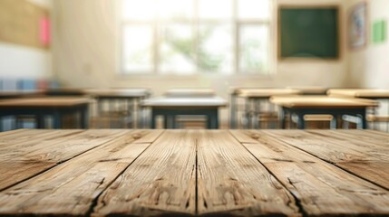 Wooden table top with copy space. Classroom background