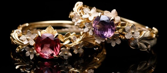 A pair of elegant rings with precious gems and metal bands are positioned on a flat surface. The rings appear to be resting peacefully on the table, showcasing their beauty and craftsmanship.