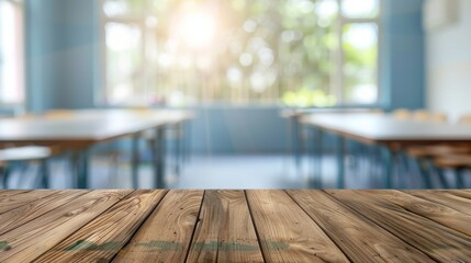 Wooden table top with copy space. Classroom background