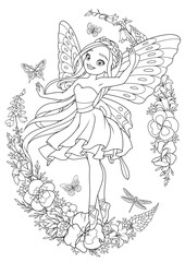 Beautiful fairy with butterfly wings surrounded with flowers. Vector coloring page.