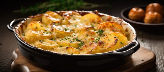 A delicious scalloped gratin potato dish, topped with crusty parmesan cheese, served in a ceramic casserole dish on a rustic wooden table.