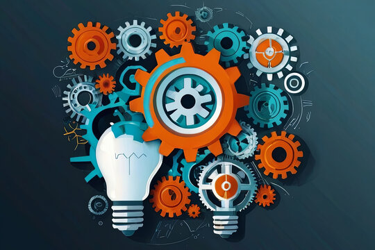 Flat design gears and cogs in light bulb symbolize synergy of business and technology. Abstract concept.