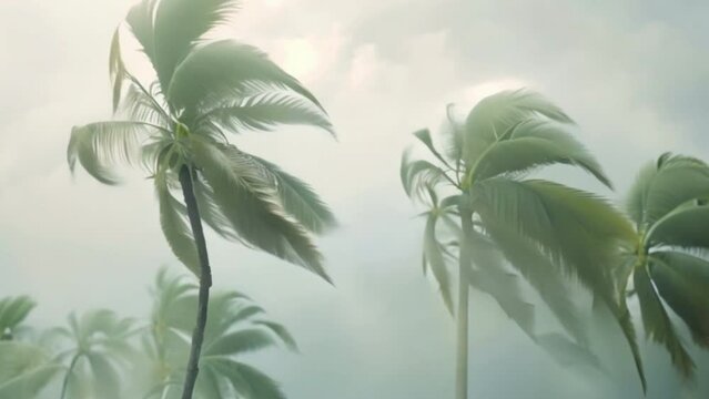 Coconut trees are blown by strong winds in a tropical storm under an overcast sky.