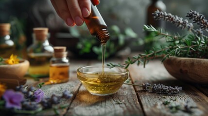 Herbal essential oil being dispensed from a dropper with lavender backdrop - obrazy, fototapety, plakaty