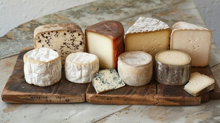 Selection of artisanal cheeses on rustic wooden board