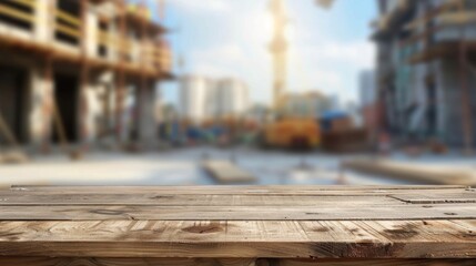 Wooden table top with copy space. Construction site background