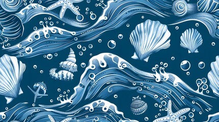 Seamless pattern background inspired by the textures and patterns of the ocean with intricate illustrations of seashells, waves, and sea creatures, set against a serene blue backgroundSeamless pattern