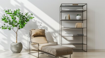 Minimalist Living Room with Beige Recliner and Metal Bookshelf.