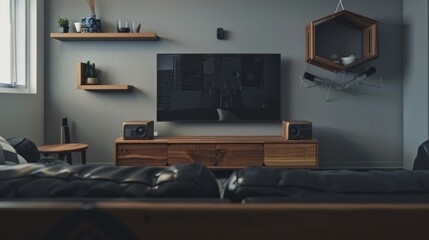 Modern Minimalist Living Room with Wooden TV Stand and Wall-Mounted Shelf