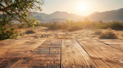 Fototapeta premium Wooden table top with copy space. Desert background