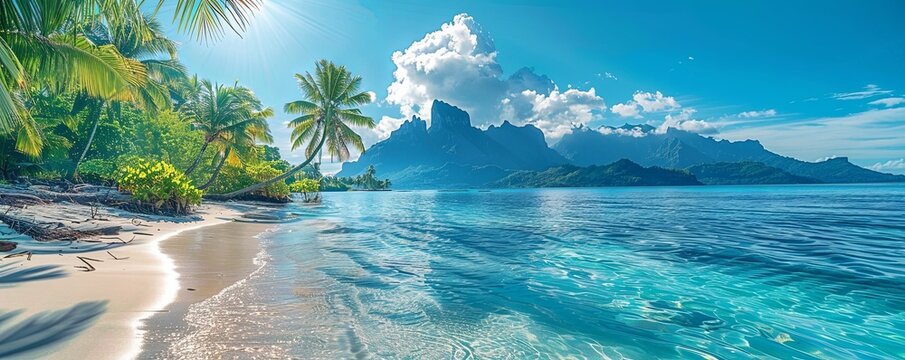 Breath-taking Sunshine Beach in Tahiti. Luxury Vacation Seascape. Solitude concept.