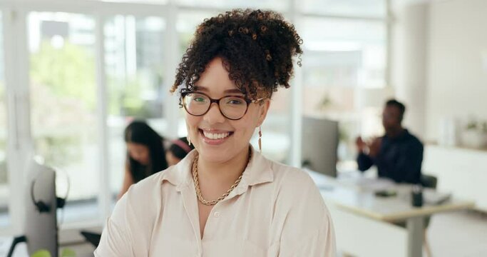 Face, business and woman with arms crossed, smile and professional with journalist and teamwork. Portrait, person and employee with glasses and editor for a daily magazine and startup with confidence