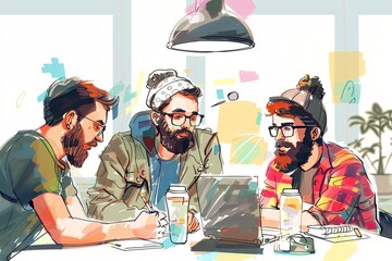 A team of hipster designers sitting around a table, working on laptops and sharing sketches. Generative AI