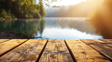 Wooden dock with copy space. Lake background