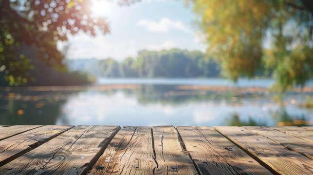 Wooden dock with copy space. Lake background