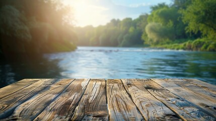 Wooden dock copy space. River background