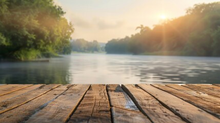 Wooden dock copy space. River background