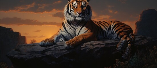 A realistic painting depicting a tiger calmly seated on a large rock during the evening hours, with a dusky sky in the background. The tigers powerful and majestic presence is highlighted by the