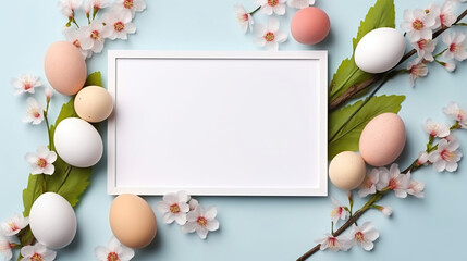 Naklejka na ściany i meble Easter Card with Eggs and Flowers on Light Blue Background. Blank Paper with Easter Composition Poster Frame
