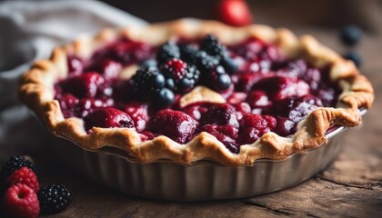 photo freshly baked homemade berry pie on rustic wood