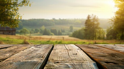 Wooden table top with copy space. Farm background