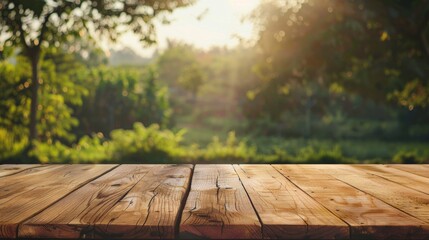 Wooden table top with copy space. Farm background