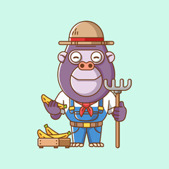 Cute gorilla farmers harvest fruit and vegetables cartoon animal character mascot icon flat style illustration concept