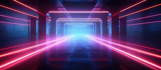 A long tunnel illuminated by vibrant neon tube lights cutting through the concrete walls and floor,...