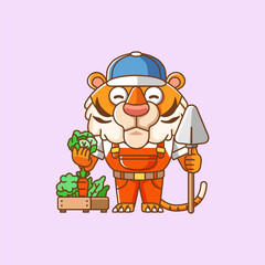 Cute Tiger farmers harvest fruit and vegetables cartoon animal character mascot icon flat style illustration concept