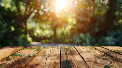 Wooden table top with copy space. Beautiful garden background