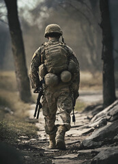 Fototapeta premium Soldier alone exhausted and injured walking