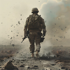 Soldier alone exhausted and injured walking - obrazy, fototapety, plakaty