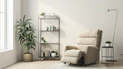 Sleek Home Decor Look with Beige Recliner and Metal Frame Bookshelf.