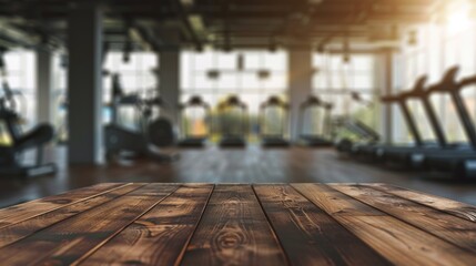 Wooden table top with copy space. Gym background