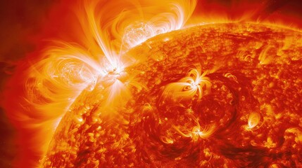 A powerful flare on the sun surface. Plasma release. Electromagnetic attack. Striking solar flare captured in action. - obrazy, fototapety, plakaty