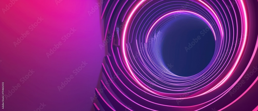 Wall mural graphic design art of abstract illusion of spiral with geometric shapes of pink and violet neon line