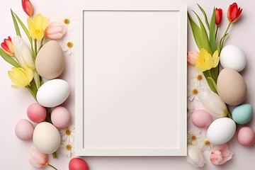 Easter Card with Eggs and Flowers. Mockup Frame Decorations for Easter Celebration in April, Illustration with Copy Space - obrazy, fototapety, plakaty