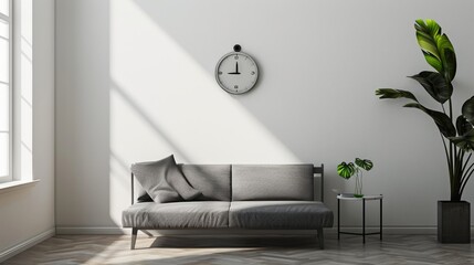 Stylish Minimalist Interior with Gray Futon and Metal Side Table