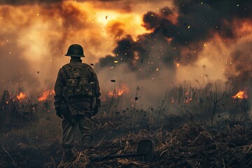Naklejka premium A soldier walking through a field amidst thick smoke in the background on the frontlines of a battlefield. Generative AI