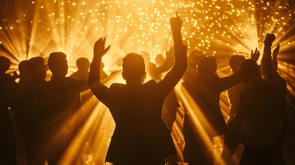 Silhouette of a group of joyous excited men dancing in luxury trendy club for an afterwork party with golden lightSilhouette of a group of joyous excited men dancing in luxury trendy club for an after