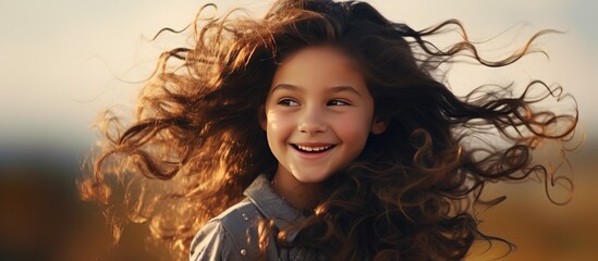 A young girl with curly, wind-blown long hair is smiling happily. She exudes joy and contentment as she enjoys the outdoors.